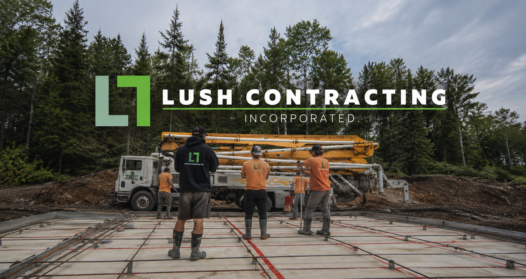 Lush Contracting crew placing a concrete foundation with a pump truck on a Northwestern Ontario job site